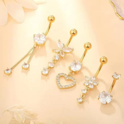 14G Stainless Steel Zircon Heart-shaped Women's Belly Ring Butterfly Pendant