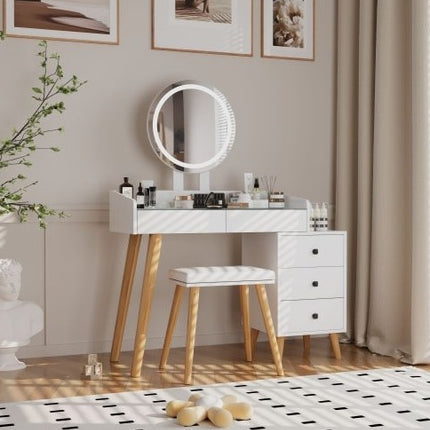 Kaptafel met LED-ligte, Glaskap, Uitskuifbare Syktafel, 5 Laaie, Spieël en Stoeltjie vir Slaapkamer