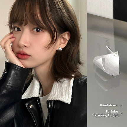 925 Silver Needle Frosted Brushed Geometric Ear Studs Women