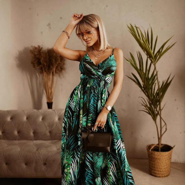 European And American Foreign Trade Cross-border Women's Clothing Amazon Summer V-neck Elastic Waist Printed Sling Long Dress