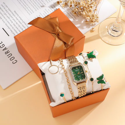 Wilde Smaragreën Vierkantige Staalhorlosie Vlinderarmband 5stk Stel Geskenkstel