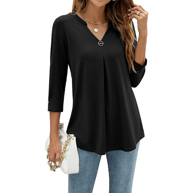 Casual And Comfortable Solid Color And V-neck Clinch Loose Three-quarter-length-sleeved T-shirt Top For Women