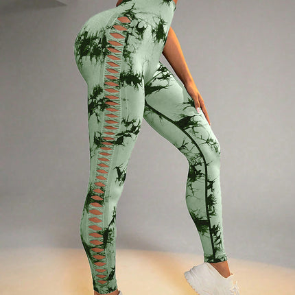2 Pack Tie-dye Hollow High-waist Butt-lifting Women's Fitness Pants, Women's Tie Dye Cutout Tights Workout Yoga Leggings
