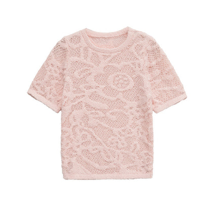 Flower Print Texture Knitted Short-sleeved Shirt