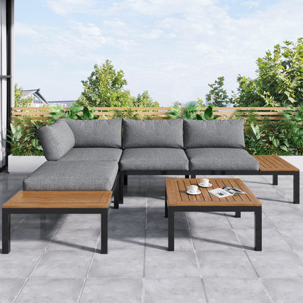 Buite Patio- & Agterplaasmeubels Tuinrusbankstel Vir 4 Mense, Ruimtebesparende Dik Kwaliteit L-vormige Hoekbank Met Houttafel, Grys