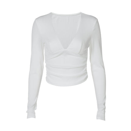 Long Sleeve V-neck T-shirt Slim-fit Color Sunken Stripe Top