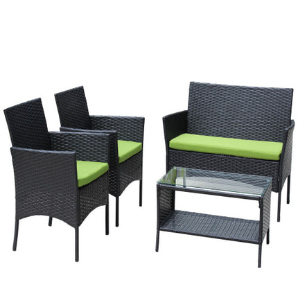 4 ST Rattan Patio Meubelstel Buite Patio Opgestopte Sitplek Rieten Bank Groen Kussing