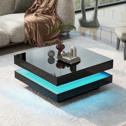 Wit Vierkant Hoogglans Koffietafel Met 360 Grade Draaiende Bo-oppervlak, Teetafel Met 16-Kleur LED-lig, 70x70x36 Cm