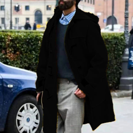 Retro Horn Button Hooded Woolen Trench Coat Men