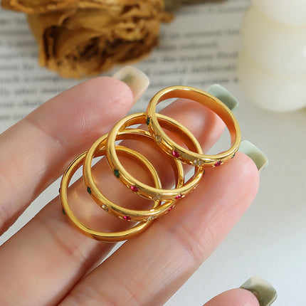 Titanium Steel Plain Band Ring With Zircon Inlays
