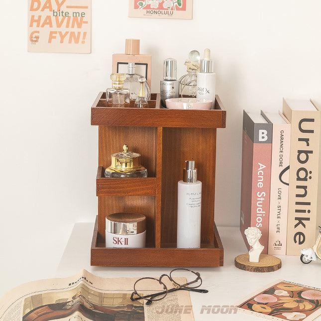 Tiered Desktop Organizer For Lipsticks And Wooden Skincare Products