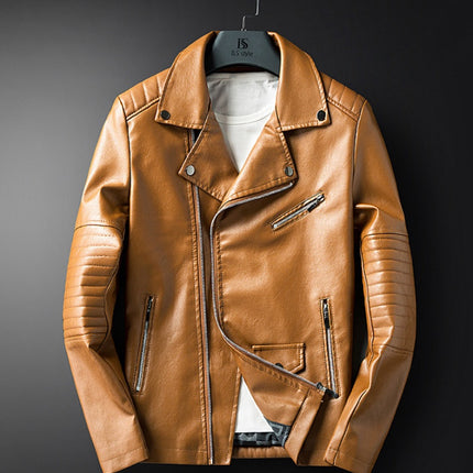 Cross-border for Europe and America simple spring and autumn men's lapel zipper washed pu leather coat motorcycle leather jacket men