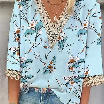 Women's Loose New Multi-color Floral Print Stitching Lace Mid-sleeve V-neck T-shirt