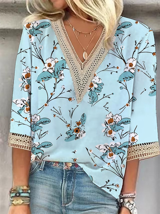 Women's Loose New Multi-color Floral Print Stitching Lace Mid-sleeve V-neck T-shirt