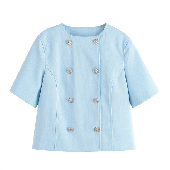 Short Sleeve Double Breasted Top High Waist Trousers