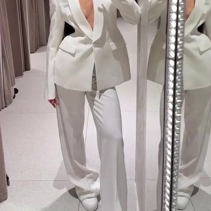 Solid Color Lapel Suit Jacket & High Waist Pants Set