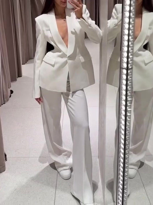 Solid Color Lapel Suit Jacket & High Waist Pants Set