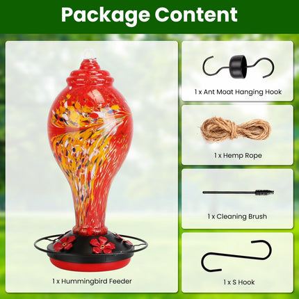 1Pc Glass Hummingbird Feeder 33OZ Hand Blown Hummingbird Feeder With 5 Flower Feeding Port Perch Ant Moat Hanging Hook S Hook Hemp Rope Cleaning Brush For Garden Decor