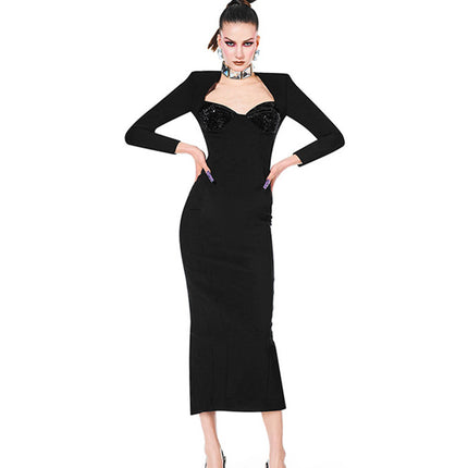 Women's Long Sleeve V-neck European And American Bandage One-piece Dress