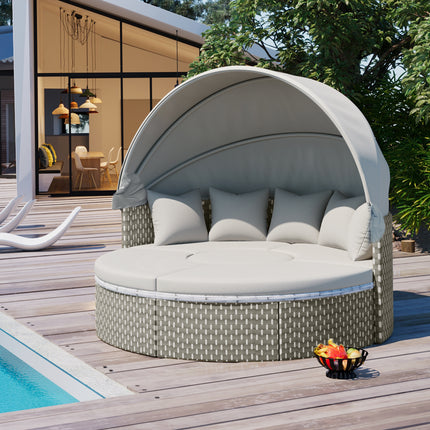 TOPMAX Patio Meubels Ronde Buitelug Seksionele Sofa Stel Rattan Dagbed Tweekleurige Weef Sonbed Met Intrekbare Afdak, Aparte Sitplekke En Verwyderbare Kussing, Grys