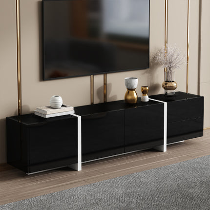 TV Cabinet, Black High-gloss Cabinet And White Contrasting Table Legs, With Simple Cabinet Doors And Drawers.