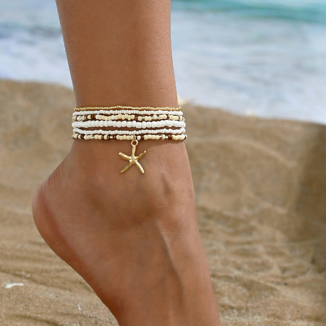 Beach Rice-shaped Beads Stringed Beads Alloy Starfish Multi-layer Anklet