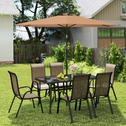 8 Stukke Patio Meubelstel met 9vt Patio Sambreel, Buite Eettafel en Stoele, Lig Gemengde Bruin