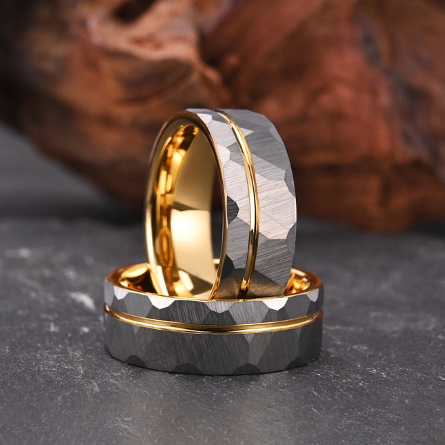 8 Wide Tungsten Gold Golden Hammer Ring