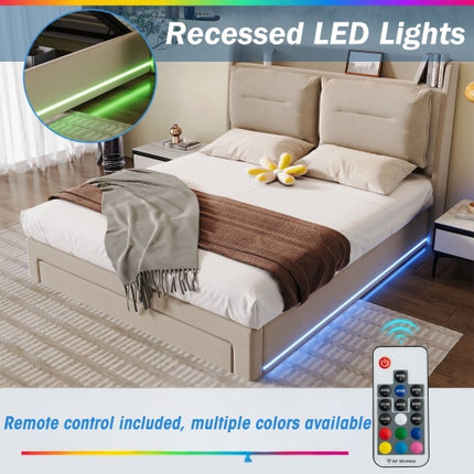 Gestoffeerde Bed, 135x190 4vt6, Dubbelbed, Hidrouliese Bed, 2-in-1 Berglêers Aan Die Voet Van Die Bed, Ingeboude LED-Ligstroke Aan Beide Kante Van Die Bed, Lattebodem, Fluweel, Beige