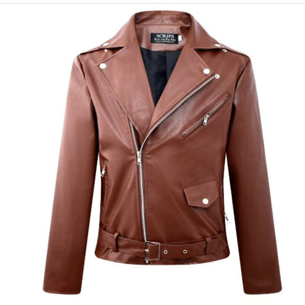 Slim Casual Leather Jacket With Lapel Diagonal Zipper