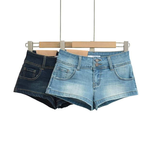 European And American Style Two-button Distressed Tight Stretch Denim Shorts