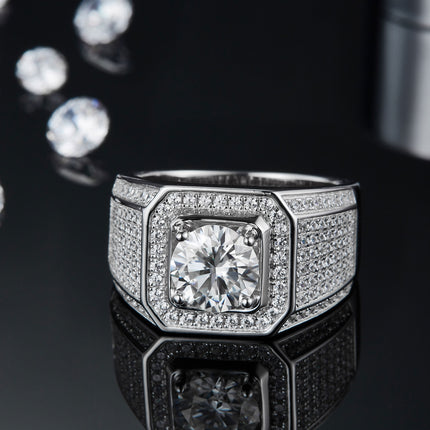 Men's 1-carat Luxury And Fashionable Light Luxury Jewelry Silver Ring Set With Top-quality Moissanite, S925 Silver-plated Platinum