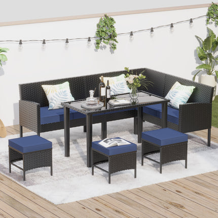 Kleinruimte Patio Meubels 7-stuk Buitenmeubelstel, Agterplaas Meubelstel, Waterdigte Sitkussing, Glastafel, Ruimtebesparend, Geskik Vir Agterplaas, Terras Of Tuin, Donkerblou
