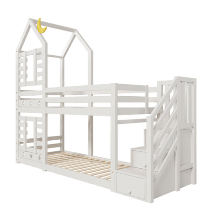 Stapelbedberging Kinderkajuitbed Enkelbed Met Venster Vir Kinders, Dubbelslaper 190x90 Cm, Soliede Dennehout, 3VT - Wit