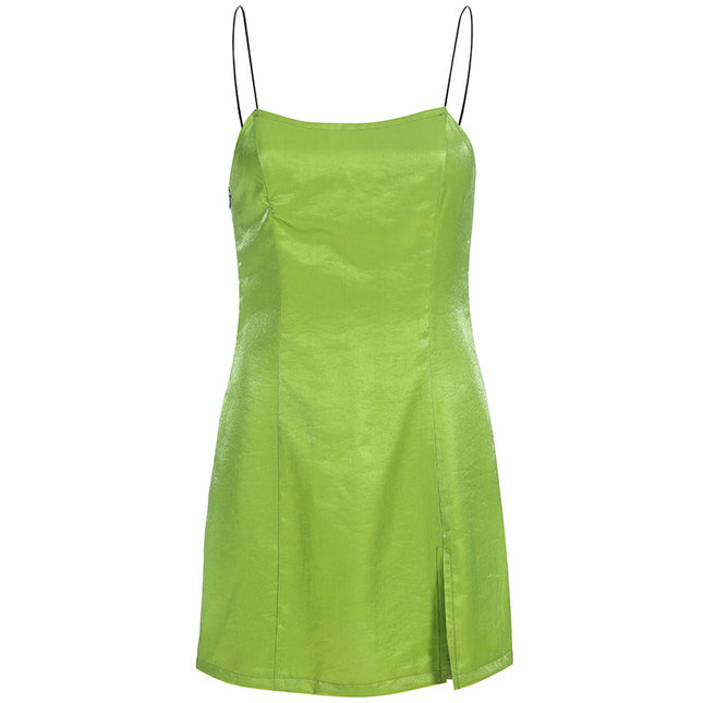 Sexy satin avocado-colored suspender dress