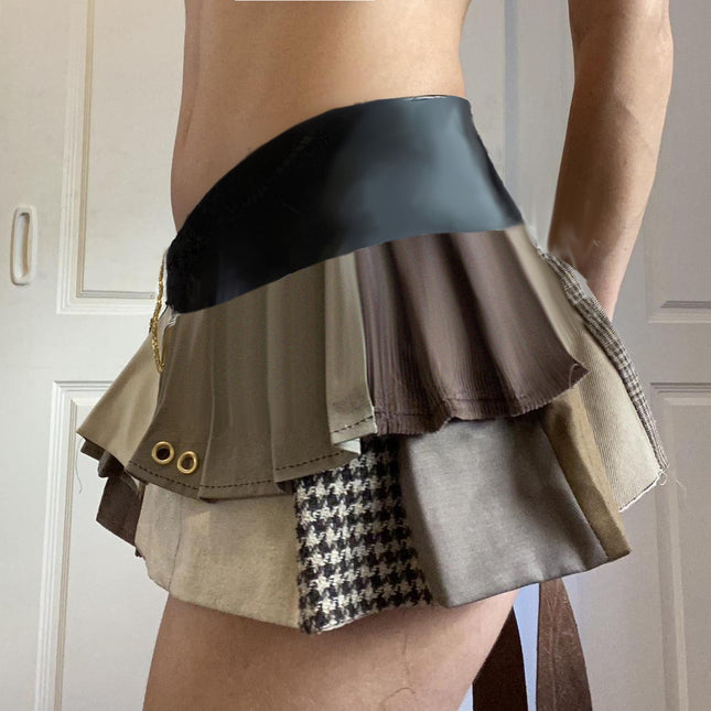 Retro Street Style Hot Girl Irregular Leather Patchwork Pleated Skirt