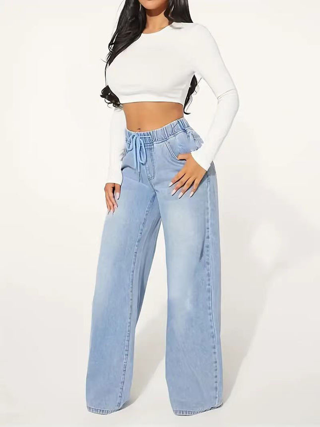 High Waist Drawstring Loose Wide Leg Light Blue Jeans