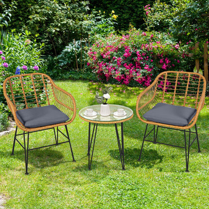 3 Stukke Rottang Meubelstel Met Opgepolsterde Stoel Tafel