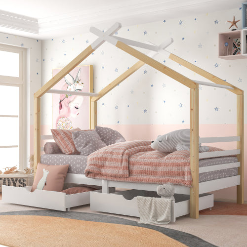 Kinders Enkelbedrame Kleuterbeddens Berging Onder 3VT Enkelbed Met Berging Soliede Dennenhout Huisboom Afdakbed Vir Kinders Dogters En Seuns Kleuterbed Hout