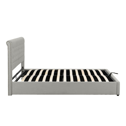 Gestoffeerde Bed, Dubbelbed-4vt6 135x190cm, met Hidrouliese Heffingsmeganisme, Funksionele Bergingsbed, Klinknaelversiering, Sonder Matras, Linne, Liggrys