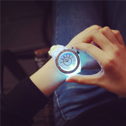 LED Liggewende Horlosies Genève Vroue Kwarts Horlosie Dames Silikoon Armband Horlosies