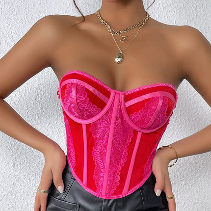 Low-cut Color Matching Wrapped Chest Lace Steel Ring Fishbone Top