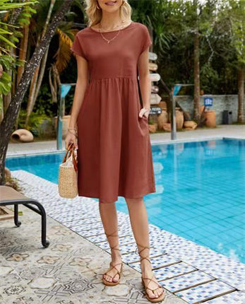 Summer Short-sleeved Dress With Pockets Fashion Solid Round Neck A-line Dresses For Women Clothing