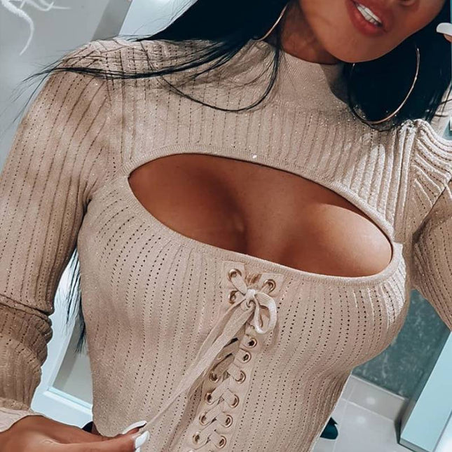 New style long-sleeved tie high neck knitted top