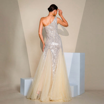 One-shoulder Diagonal Collar Slim-fit Sheath Sequined Slit Evening Dress