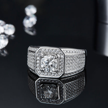 Men's 1-carat Luxury And Fashionable Light Luxury Jewelry Silver Ring Set With Top-quality Moissanite, S925 Silver-plated Platinum