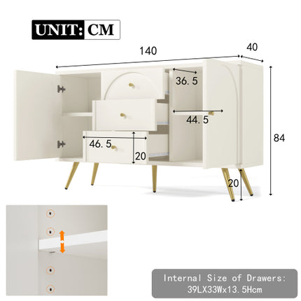 Buffetkas Vir Sitkamer, Laaikas Met 2 Deure En 3 Laaie, Verstelbare Rak, Roomwit, 40D X 140W X 84H CM
