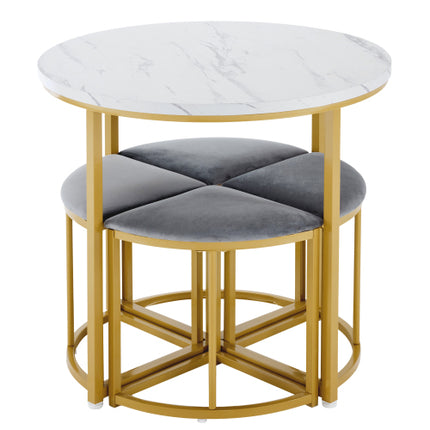 Modern Metal Frame Round Marble Dining Table And Chair Set 5 Pieces With 4 Semi-circular Stools, Suitable For Small Apartments And Restaurants