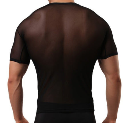 Men's Solid Color Sexy Mesh Transparent Short-sleeved T-shirt