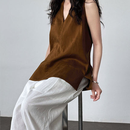 French Linen V-neck Halter Vest For Women